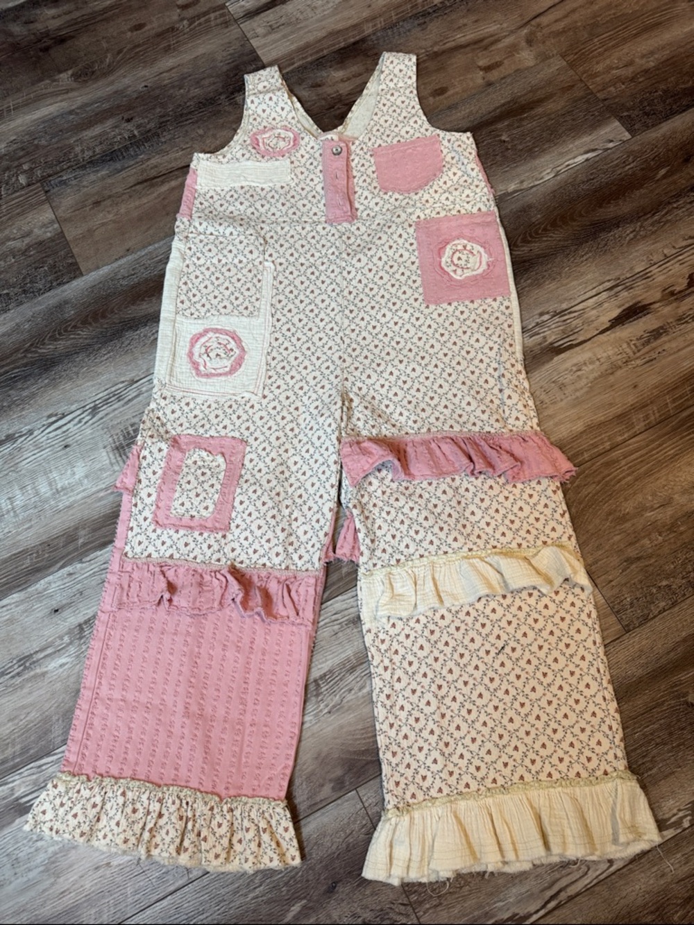 NWOT POL Patchwork Pink and Cream Ruffle Jumpsuit